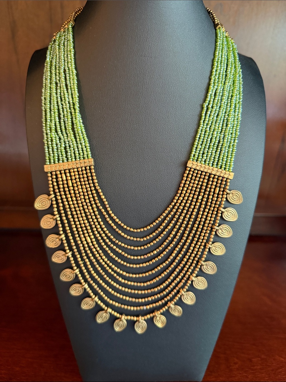 Green Seed-Bead Multi-Strand Necklace with Gold Accents